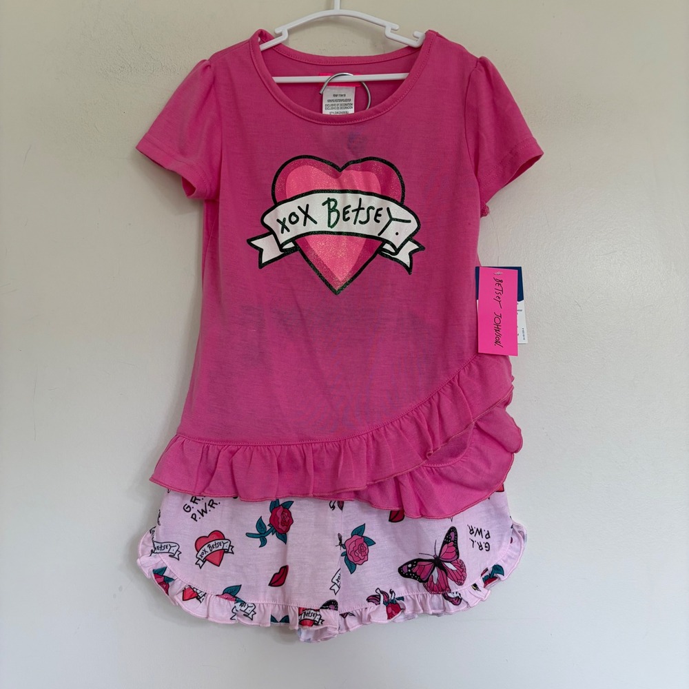 Betsey Johnson Kids Pink 2PC Pajama Set Heart Unicorn Ruffle Size S 6/6X NEW